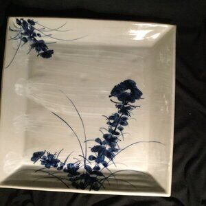Vintage Unsigned 9 Inch Square Gray With Blue Florals Heavy Stoneware Plate